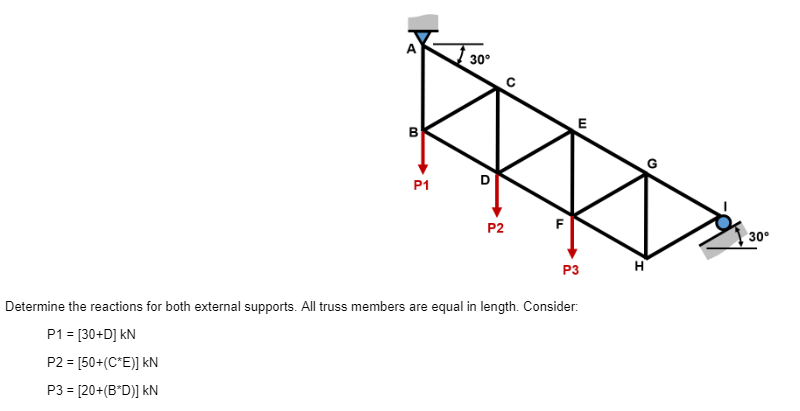 30°
P1
P2
30
P3
H
Determine the reactions for both external supports. All truss members are equal in length. Consider:
P1 = [30+D] kN
P2 = [50+(C*E)] kN
P3 = [20+(B*D)] kN
