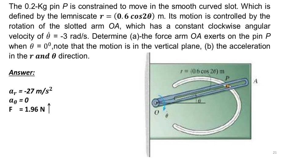 The 0.2-Kg pin P is constrained to move in the smooth curved slot. Which is
defined by the lemniscater =
rotation of the slotted arm OA, which has a constant clockwise angular
velocity of ė
when 0 = 0°,note that the motion is in the vertical plane, (b) the acceleration
in the r and 0 direction.
(0.6cos20) m. Its motion is controlled by the
= -3 rad/s. Determine (a)-the force arm OA exerts on the pin P
Answer:
r(0.6 cos 26) m
a, = -27 m/s?
ag = 0
F = 1.96 N
21

