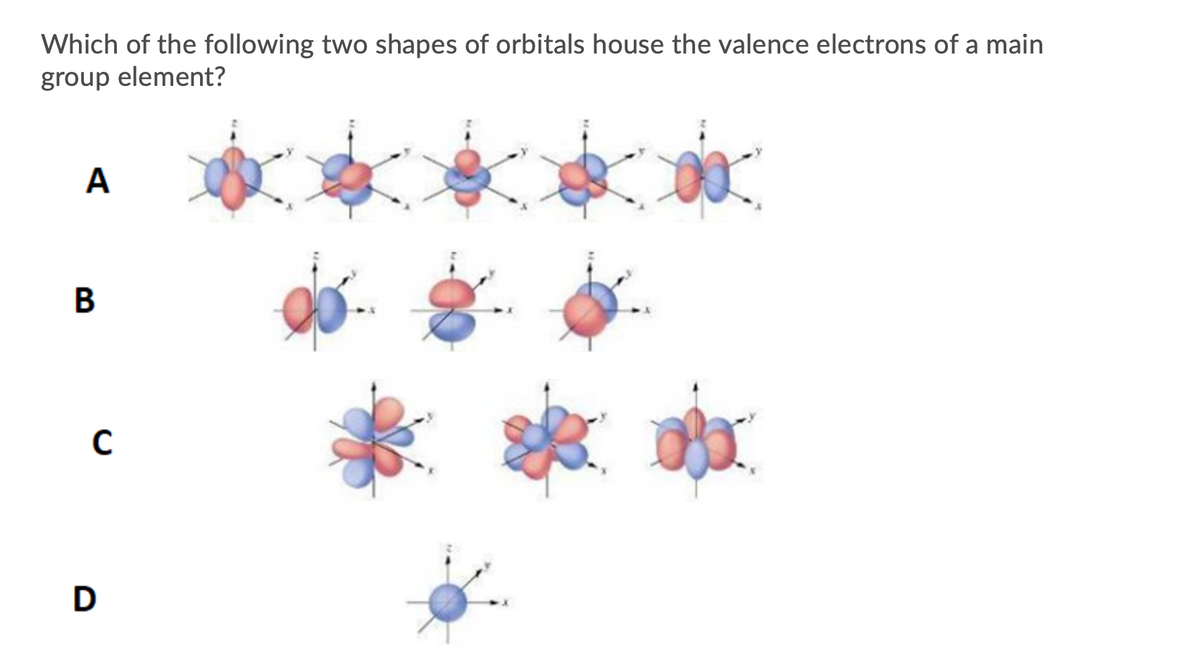 Which of the following two shapes of orbitals house the valence electrons of a main
group element?
A
В
D
