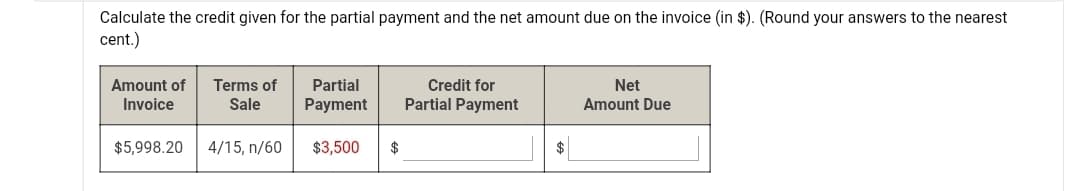 Calculate the credit given for the partial payment and the net amount due on the invoice (in $). (Round your answers to the nearest
cent.)
Amount of
Invoice
Terms of
Partial
Payment
Credit for
Net
Sale
Partial Payment
Amount Due
$5,998.20
4/15, n/60
$3,500
$
$
