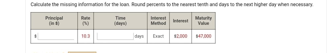Calculate the missing information for the loan. Round percents to the nearest tenth and days to the next higher day when necessary.
Principal
(in $)
Interest
Method
Maturity
Value
Rate
Time
Interest
(%)
(days)
10.3
days
Exact
$2,000
$47,000
