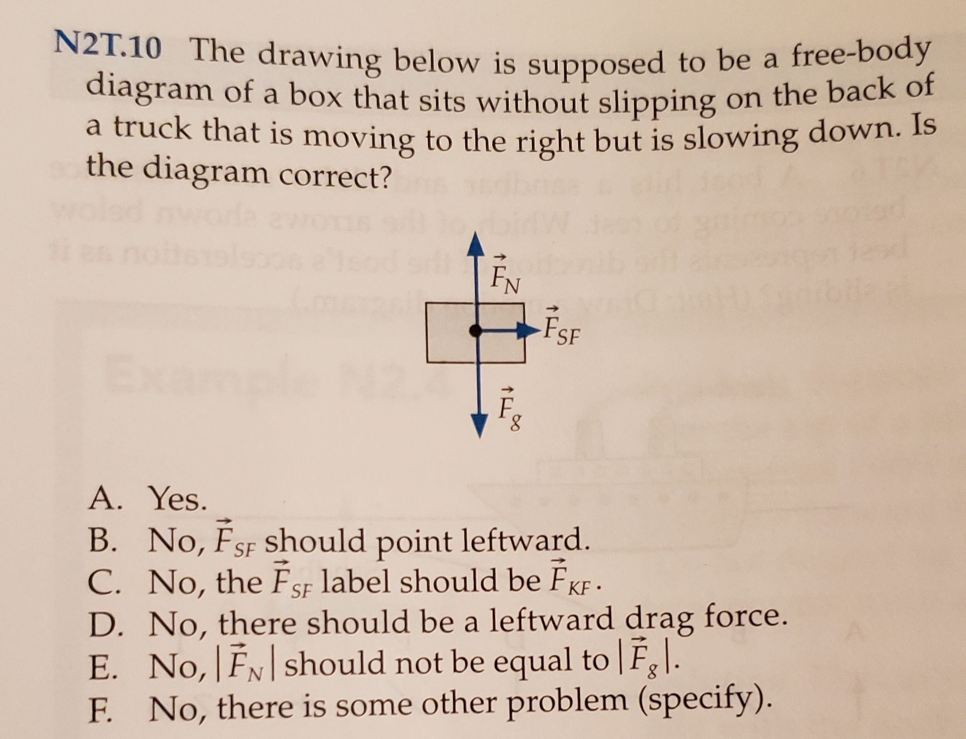 N2T.10 The drawing below is supposed to be a free-body
diagram of a box that sits without slipping on the back of
a truck that is moving to the right but is slowing down. Is
the diagram correct?
FN
FSF
A. Yes
B. No, FsF should point leftward.
C. No, the FSF label should be FKF
D. No, there should be a leftward drag force.
E. No, FN should not be equal to Fgl.
F. No, there is some other problem (specify).
