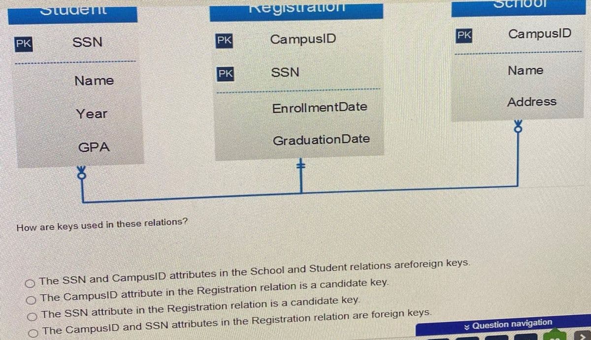 PK
Student
SSN
Name
Year
GPA
४
How are keys used in these relations?
PK
PK
Registration
CampusID
SSN
Enrollment Date
Graduation Date
PK
The SSN and CampusID attributes in the School and Student relations areforeign keys.
The CampusID attribute in the Registration relation is a candidate key.
The SSN attribute in the Registration relation is a candidate key.
The CampusID and SSN attributes in the Registration relation are foreign keys.
CampusID
Name
Address
Question navigation