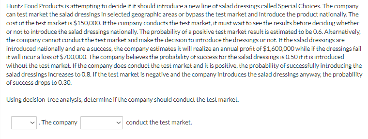 Huntz Food Products is attempting to decide if it should introduce a new line of salad dressings called Special Choices. The company
can test market the salad dressings in selected geographic areas or bypass the test market and introduce the product nationally. The
cost of the test market is $150,000. If the company conducts the test market, it must wait to see the results before deciding whether
or not to introduce the salad dressings nationally. The probability of a positive test market result is estimated to be 0.6. Alternatively.
the company cannot conduct the test market and make the decision to introduce the dressings or not. If the salad dressings are
introduced nationally and are a success, the company estimates it will realize an annual profit of $1,600,000 while if the dressings fail
it will incur a loss of $700,000. The company believes the probability of success for the salad dressings is 0.50 if it is introduced
without the test market. If the company does conduct the test market and it is positive, the probability of successfully introducing the
salad dressings increases to 0.8. If the test market is negative and the company introduces the salad dressings anyway, the probability
of success drops to 0.30.
Using decision-tree analysis, determine if the company should conduct the test market.
The company
✓ conduct the test market.