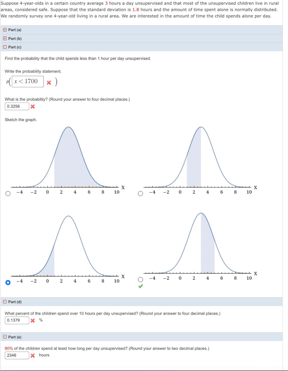 Suppose 4-year-olds in a certain country average 3 hours a day unsupervised and that most of the unsupervised children live in rural
areas, considered safe. Suppose that the standard deviation is 1.8 hours and the amount of time spent alone is normally distributed.
We randomly survey one 4-year-old living in a rural area. We are interested in the amount of time the child spends alone per day.
O Part (a)
O Part (b)
O Part (c)
Find the probability that the child spends less than 1 hour per day unsupervised.
Write the probability statement.
x< 1700
What is the probability? (Round your answer to four decimal places.)
0.3256
Sketch the graph.
X
10
-4
-2
2
4
6
8
-4
-2
2
4
8
10
X
10
X
10
-4
-2
2
4
6
8
6
8
O Part (d)
What percent of the children spend over 10 hours per day unsupervised? (Round your answer to four decimal places.)
0.1379
X %
O Part (e)
90% of the children spend at least how long per day unsupervised? (Round your answer to two decimal places.)
2346
X hours
