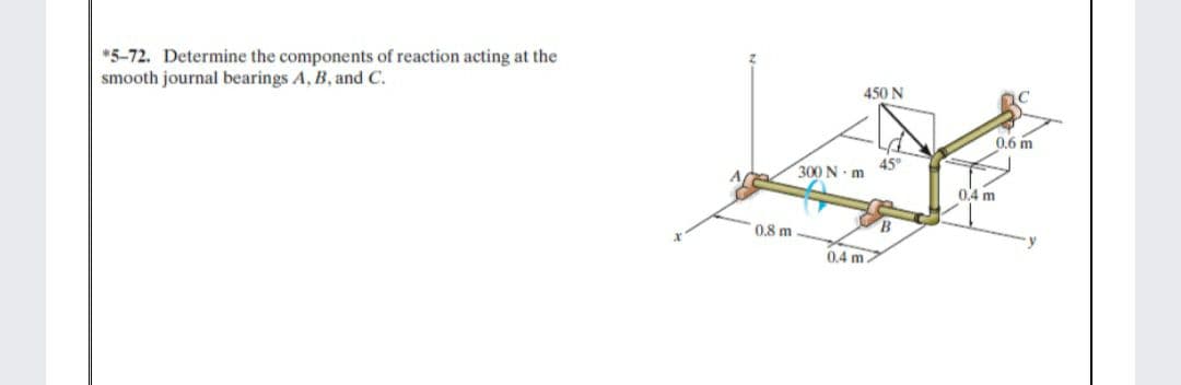 *5-72. Determine the components of reaction acting at the
smooth journal bearings A, B, and C.
450 N
0,6 m
300 N - m
45°
0.4 m
0,8 m
B.
0,4 m
