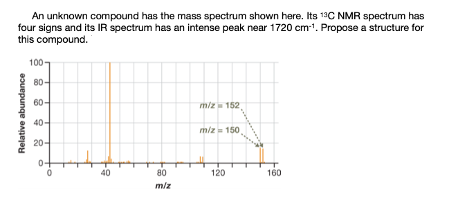 An unknown compound has the mass spectrum shown here. Its 13C NMR spectrum has
four signs and its IR spectrum has an intense peak near 1720 cm-1. Propose a structure for
this compound.
100-
80
60
mlz = 152,
40-
m/z = 150
20
40
80
120
160
m/z
Relative abundance
