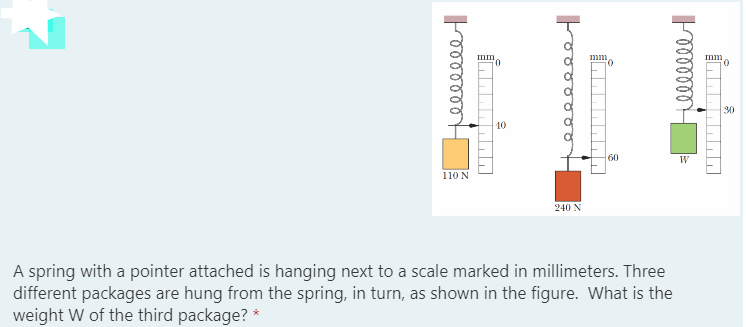 Imm
וננננ
mm
30
10
60
W
110 N
240 N
A spring with a pointer attached is hanging next to a scale marked in millimeters. Three
different packages are hung from the spring, in turn, as shown in the figure. What is the
weight W of the third package? *
రరరరరర
