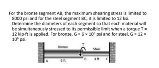 For the bronze segment AB, the maximum shearing stress is limited to
8000 psi and for the steel segment BC, it is limited to 12 ksi.
Determine the diameters of each segment so that each material will
be simultaneously stressed to its permissible limit when a torque T =
12 kip-ft is applied. For bronze, G = 6 × 106 psi and for steel, G = 12 ×
106 psi.
Bronze
Steel
B
4 ft
6 ft
