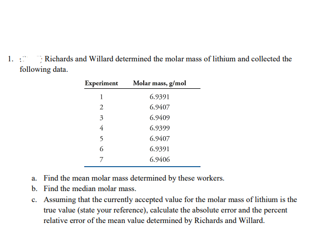 1. : Richards and Willard determined the molar mass of lithium and collected the
following data.
Experiment
Molar mass, g/mol
1
6.9391
6.9407
3
6.9409
4
6.9399
6.9407
6
6.9391
7
6.9406
a. Find the mean molar mass determined by these workers.
b. Find the median molar mass.
c. Assuming that the currently accepted value for the molar mass of lithium is the
true value (state your reference), calculate the absolute error and the percent
relative error of the mean value determined by Richards and Willard.
