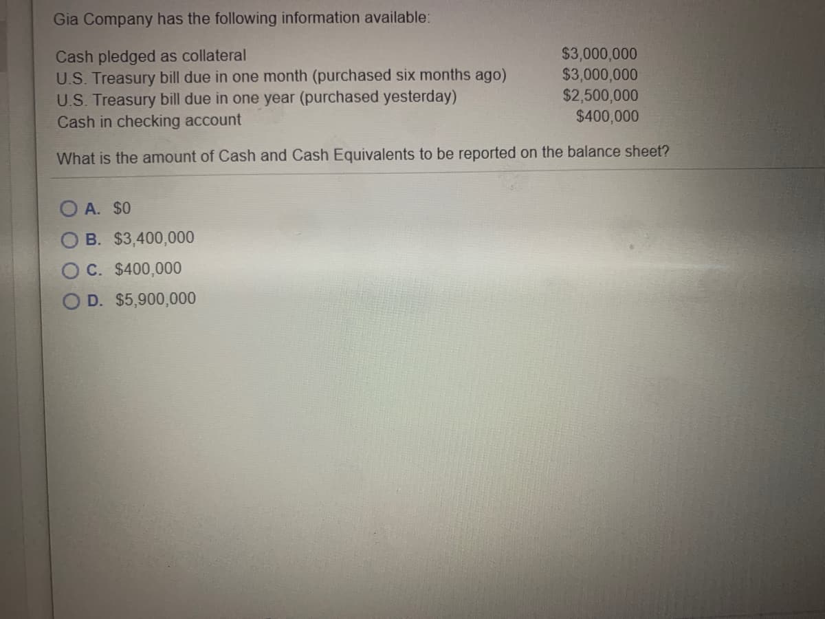 Gia Company has the following information available:
Cash pledged as collateral
U.S. Treasury bill due in one month (purchased six months ago)
U.S. Treasury bill due in one year (purchased yesterday)
Cash in checking account
$3,000,000
$3,000,000
$2,500,000
$400,000
What is the amount of Cash and Cash Equivalents to be reported on the balance sheet?
O A. $0
O B. $3,400,000
O C. $400,000
O D. $5,900,000
