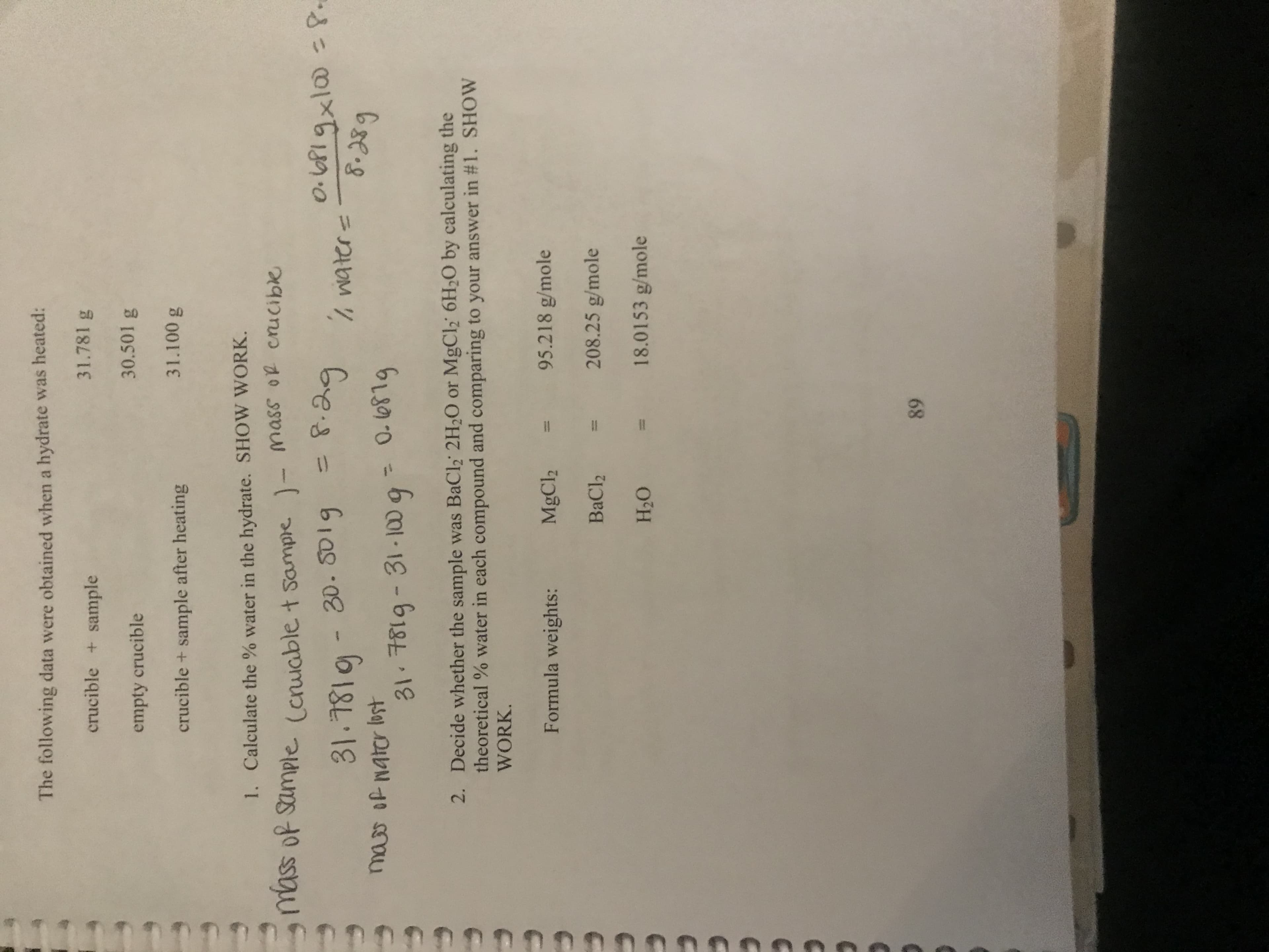 %3D
ווו
The following data were obtained when a hydrate was heated:
crucible + sample
31.781 g
30.501 g
empty crucible
crucible + sample after heating
31.100 g
1. Calculate the % water in the hydrate. SHOW WORK.
-30.S01g
0.6819x100=8.
618L18
31. 781g-31-109
%3D
mas of nater lost
6se.8
2. Decide whether the sample was BaCl2 2H20 or MgCl2 6H20 by calculating the
theoretical % water in each compound and comparing to your answer in #1. SHOW
WORK.
Formula weights:
MgCl2
95.218 g/mole
BaCl2
208.25 g/mole
18.0153 g/mole
O'H
68
