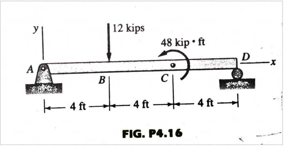 y
|12 kips
48 kip • ft
D
A
В
- –
4 ft
4 ft-
4 ft
FIG. P4.16
