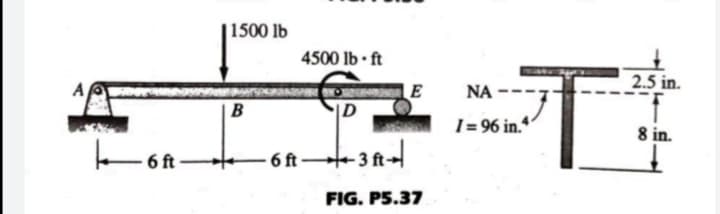 |1500 lb
4500 lb · ft
2.5 in.
LE
NA
B
|D
I = 96 in.“
8 in.
6 ft-
6 ft
3 ft-
FIG. P5.37
