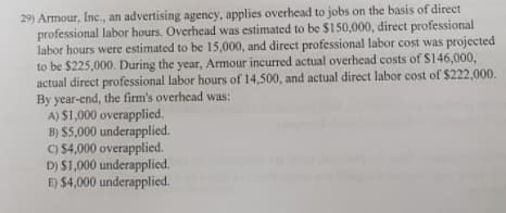 29) Armour, Inc., an advertising agency, applies overhead to jobs on the basis of direct
professional labor hours. Overhead was estimated to be $150,000, direct professional
labor hours were estimated to be 15,000, and direct professional labor cost was projected
to be $225,000. During the year, Armour incurred actual overhead costs of S146,000,
actual direct professional labor hours of 14,500, and actual direct labor cost of $222,000.
By year-end, the firm's overhead was:
A) S1,000 overapplied.
B) $5,000 underapplied.
C) $4,000 overapplied.
D) $1,000 underapplied.
E) $4,000 underapplied.
