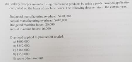 28) Blakely charges manufacturing overhead to products by using a predetermined application
computed on the basis of machine hours. The following data pertain to the current year:
Budgeted manufacturing overhead: $480,000
Actual manufacturing overhead: $440,000
Budgeted machine hours: 20,000
Actual machine hours: 16,000
Overhead applied to production totaled:
A) $600,000.
B) $352,000.
C) $384,000.
D) $550,000.
E) some other amount.
