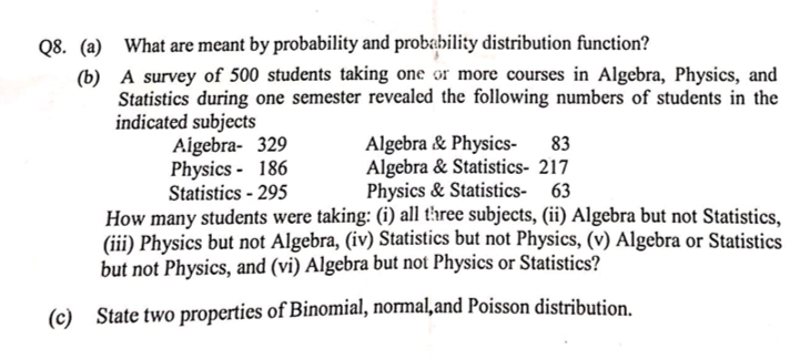 (a) What are meant by probability and probability distribution function?
(b) A survey of 500 students taking one or more courses in Algebra, Physics, and
Statistics during one semester revealcd the following numbers of students in the
indicated subjects
Aigebra- 329
Physics - 186
Statistics - 295
Algebra & Physics-
Algebra & Statistics- 217
Physics & Statistics- 63
How many students were taking: (i) all t'hree subjects, (ii) Algebra but not Statistics,
83
