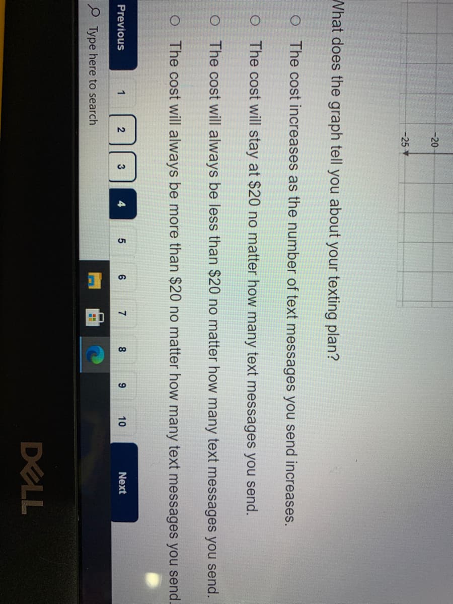 -20
-25
What does the graph tell you about your texting plan?
O The cost increases as the number of text messages you send increases.
O The cost will stay at $20 no matter how many text messages you send.
O The cost will always be less than $20 no matter how many text messages you send.
O The cost will always be more than $20 no matter how many text messages you send.
Previous
1
3
4
7
8.
10
Next
P Type here to search
DELL
