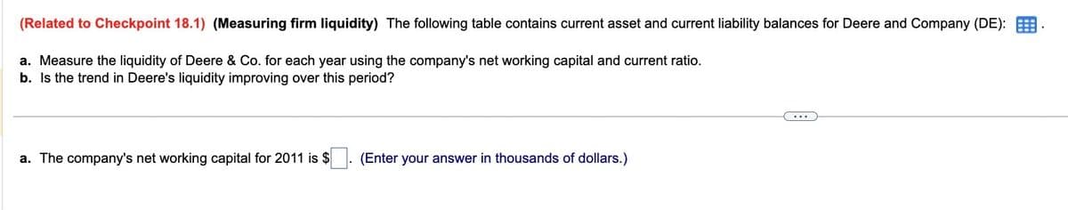 (Related to Checkpoint 18.1) (Measuring firm liquidity) The following table contains current asset and current liability balances for Deere and Company (DE):
a. Measure the liquidity of Deere & Co. for each year using the company's net working capital and current ratio.
b. Is the trend in Deere's liquidity improving over this period?
a. The company's net working capital for 2011 is $
(Enter your answer in thousands of dollars.)
...