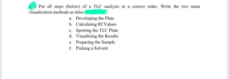 Put all steps (below) of a TLC analysis in a correct order. Write the two main
visualization methods as titles
a. Developing the Plate
b. Calculating Rf Values
c. Spotting the TLC Plate
Visualizing the Results
e. Preparing the Sample
f. Picking a Solvent
