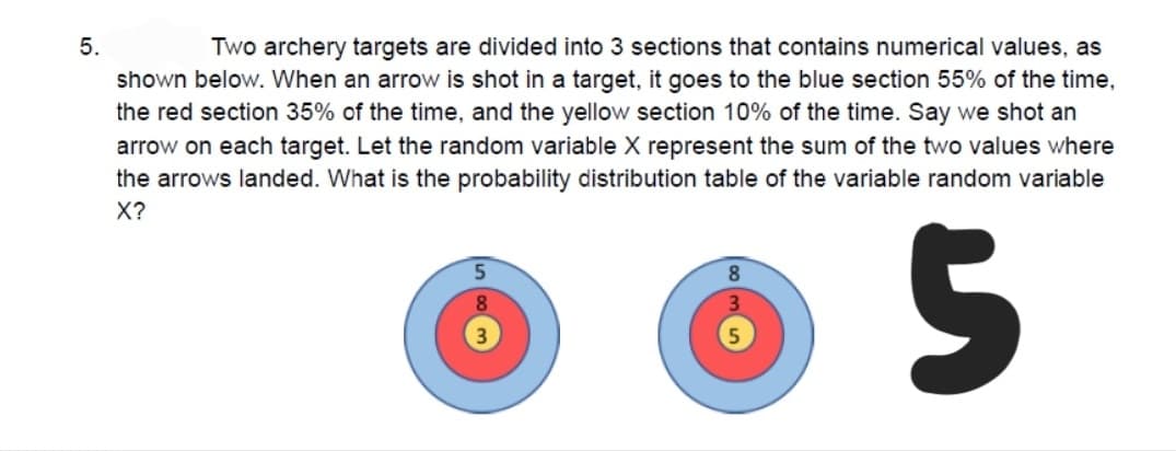 5.
Two archery targets are divided into 3 sections that contains numerical values, as
shown below. When an arrow is shot in a target, it goes to the blue section 55% of the time,
the red section 35% of the time, and the yellow section 10% of the time. Say we shot an
arrow on each target. Let the random variable X represent the sum of the two values where
the arrows landed. What is the probability distribution table of the variable random variable
X?
8.
