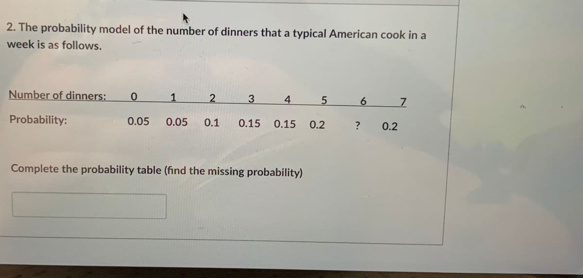 2. The probability model of the number of dinners that a typical American cook in a
week is as follows.
Number of dinners:
1
3
4
6.
7.
Probability:
0.05
0.05
0.1
0.15
0.15
0.2
?
0.2
Complete the probability table (find the missing probability)
