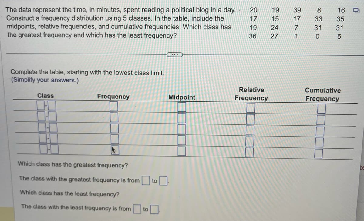 The data represent the time, in minutes, spent reading a political blog in a day.
Construct a frequency distribution using 5 classes. In the table, include the
midpoints, relative frequencies, and cumulative frequencies. Which class has
the greatest frequency and which has the least frequency?
Complete the table, starting with the lowest class limit.
(Simplify your answers.)
Class
Frequency
Which class has the greatest frequency?
The class with the greatest frequency is from to
Which class has the least frequency?
The class with the least frequency is from to
COLD
Midpoint
20 17 19 36
Relative
Frequency
9522
19 39
15
24
3711
27
8330
16
35
31 31
5
Cumulative
Frequency
0