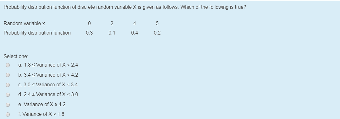 Probability distribution function of discrete random variable X is given as follows. Which of the following is true?
Random variable x
2
4
5
Probability distribution function
0.3
0.1
0.4
0.2
Select one:
a. 1.8 s Variance of X < 2.4
b. 3.4 s Variance of X < 4.2
c. 3.0 s Variance of X < 3.4
d. 2.4 s Variance of X < 3.0
e. Variance of X 2 4.2
f. Variance of X < 1.8
