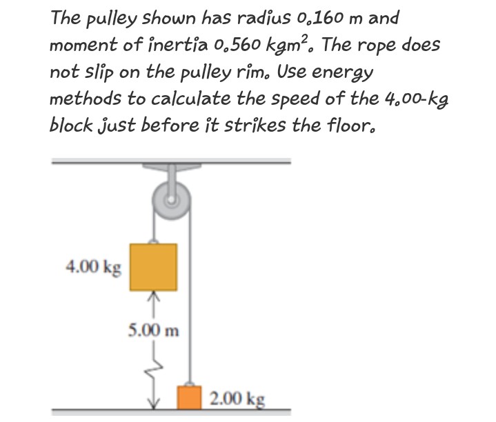 The pulley shown has radius 0,160 m and
moment of inertja 0,560 kgm?. The rope does
not slip on the pulley rim. Use energy
methods to calculate the speed of the 4.00-kg
block just before it strikes the floor.
4.00 kg
5.00 m
2.00 kg
