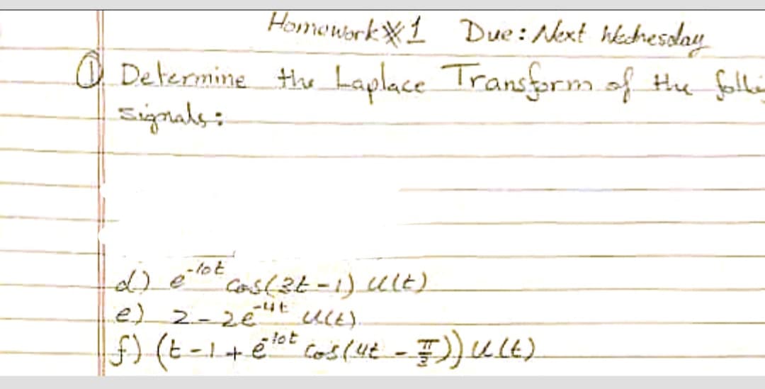 Homework 1 Due: Next Wednesday
O Determine the Laplace Transform of the foller
Signals:
- lot
Cos (3t-1) ult)
((E).
(e) 2-26
f) (t-1 + 6¹ot cos (ut - I)) u (t)
e