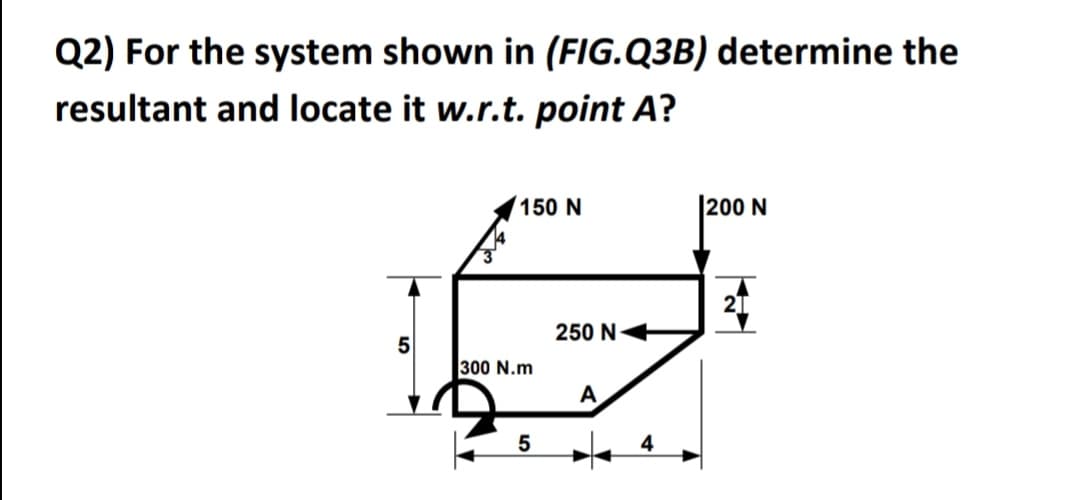 Q2) For the system shown in (FIG.Q3B) determine the
resultant and locate it w.r.t. point A?
150 N
|200 N
21
250 N+
300 N.m
A
5
