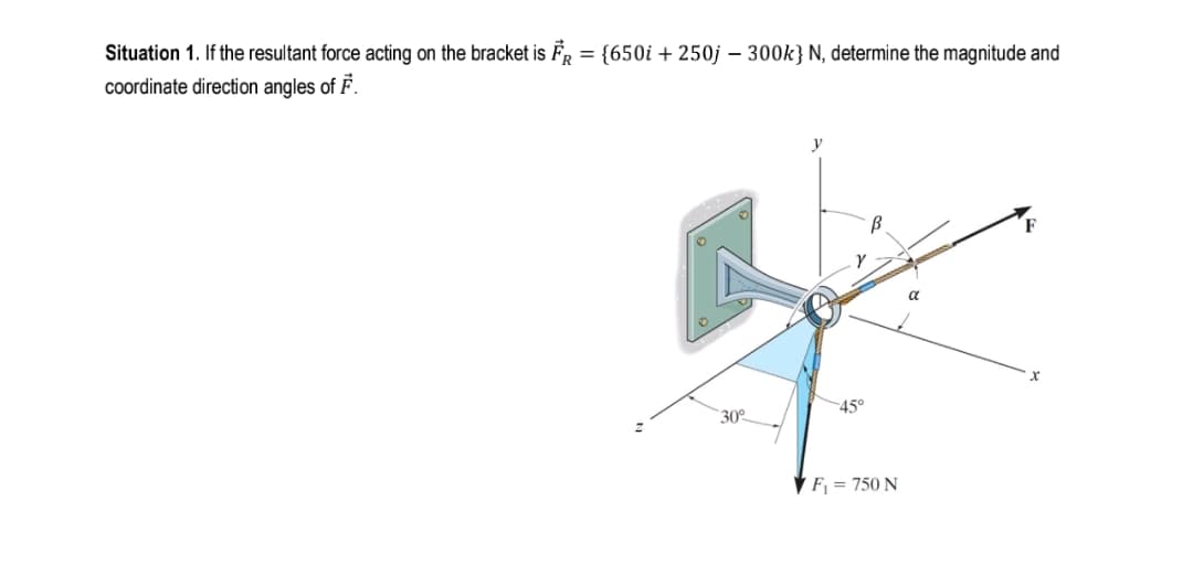 Situation 1. If the resultant force acting on the bracket is FR = {650i + 250j – 300k} N, determine the magnitude and
coordinate direction angles of F.
%3D
y
B.
'F
45°
30°
V F = 750 N
