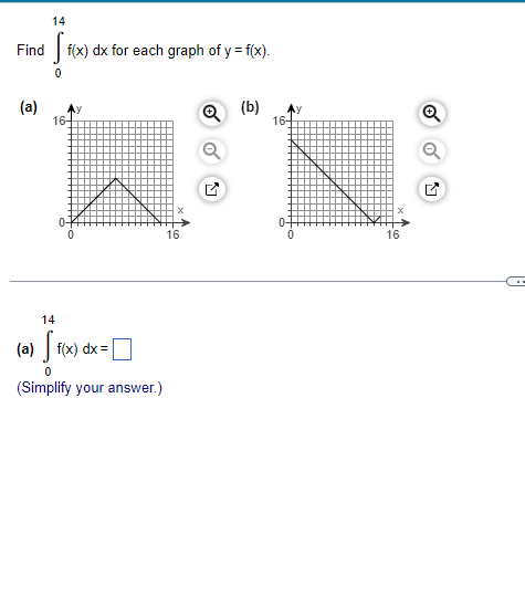 14
Find f(x) dx for each graph of y = f(x).
0
(a)
Q (b)
16-
14
(a) f(x) dx =
0
(Simplify your answer.)
16+
16
Q
ง
