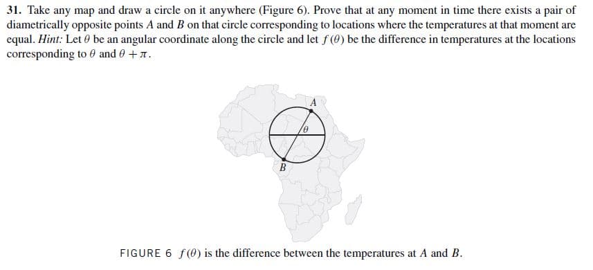 31. Take any map and draw a circle on it anywhere (Figure 6). Prove that at any moment in time there exists a pair of
diametrically opposite points A and B on that circle corresponding to locations where the temperatures at that moment are
equal. Hint: Let 0 be an angular coordinate along the circle and let f (0) be the difference in temperatures at the locations
corresponding to 0 and 0+r.
B
FIGURE 6 f(0) is the difference between the temperatures at A and B.
