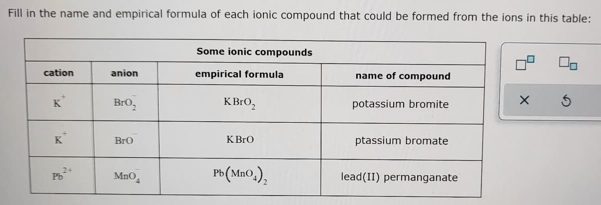 Fill in the name and empirical formula of each ionic compound that could be formed from the ions in this table:
Some ionic compounds
cation
anion
empirical formula
name of compound
K
Bro,
KBRO,
potassium bromite
K
BrO
KBRO
ptassium bromate
2+
Pb
Pb(MnO,),
MnO
lead(II) permanganate
