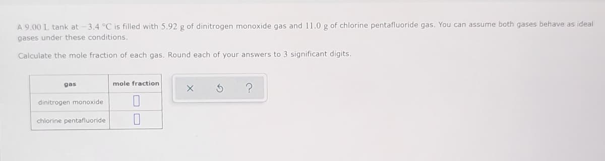 A 9.00 L tank at - 3.4 °C is filled with 5.92 g of dinitrogen monoxide gas and 11.0 g of chlorine pentafluoride gas. You can assume both gases behave as ideal
gases under these conditions.
Calculate the mole fraction of each gas. Round each of your answers to 3 significant digits.
gas
mole fraction
dinitrogen monoxide
chlorine pentafluoride
