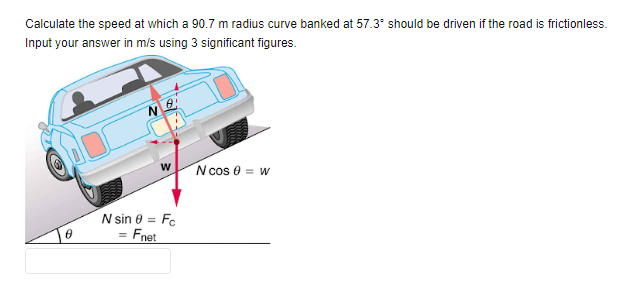 Calculate the speed at which a 90.7 m radius curve banked at 57.3* should be driven if the road is frictionless.
Input your answer in m/s using 3 significant figures.
N cos e = w
N sin e = Fc
= Fnet
%3D
