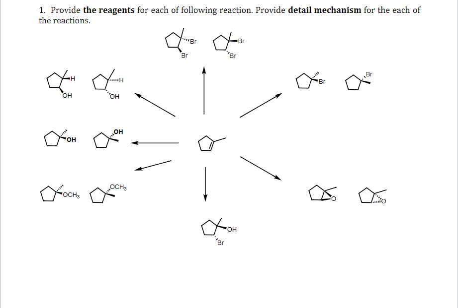 1. Provide the reagents for each of following reaction. Provide detail mechanism for the each of
the reactions.
Br
Br
"Br
.....
'Br
Br
он
OCH3
"OCH3
Br
