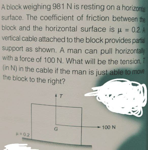 A block weighing 981 N is resting on a horizontal
surface. The coefficient of friction between the
block and the horizontal surface is u = 0.2. A
vertical cable attached to the block provides partial
support as shown. A man can pull horizontally
with a force of 100 N. What will be the tension, I
%3D
(in N) in the cable if the man is just able to move
the block to the right?
100 N
H=0.2
