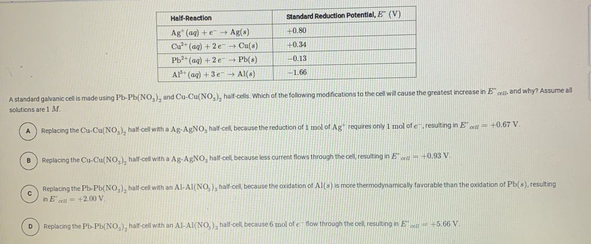 Half-Reaction
Standard Reduction Potential, E (V)
Ag* (aq) +e- -→ Ag(s)
+0.80
Cu?+ (aq) + 2 e- → Cu(s)
+0.34
Pb²+(ag) + 2 e- → Pb(s)
-0.13
A+ (ag) + 3 e- → Al(s)
-1,66
A standard galvanic cell is made using Pb-Pb(NO,), and Cu-Cu(NO,), half-cells. Which of the following modifications to the cell will cause the greatest increase in E" cell, and why? Assume all
solutions are 1 M.
cell = +0.67 V
A
Replacing the Cu-Cu(NO,), half-cell with a Ag-AGNO, half-cell, because the reduction of 1 mol of Agt requires only 1 mol of e, resulting in E' .
B
Replacing the Cu-Cu(NO,), half-cell with a Ag-AGNO, half-cell, because less current flows through the cell, resulting in E = +0.93 V.
Replacing the Pb-Pb(NO,), half-cell with an Al-Al(NO,), half-cell, because the oxidation of A1(s) is more thermodynamically favorable than the oxidation of Pb(s), resulting
in E cell = +2.00 V.
Replacing the Pb-Pb(NO,), half-cell with an Al-Al(NO,), half-cell, because 6 mol of e flow through the cell, resulting in E = +5.66 V.
