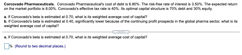 Corcovado Pharmaceuticals. Corcovado Pharmaceutical's cost of debt is 6.80%. The risk-free rate of interest is 3.50%. The expected return
on the market portfolio is 8.00%. Corcovado's effective tax rate is 40%. Its optimal capital structure is 70% debt and 30% equity.
a. If Corcovado's beta is estimated at 0.70, what is its weighted average cost of capital?
b. If Corcovado's beta is estimated at 0.40, significantly lower because of the continuing profit prospects in the global pharma sector, what is its
weighted average cost of capital?
a. If Corcovado's beta is estimated at 0.70, what is its weighted average cost of capital?
% (Round to two decimal places.)
