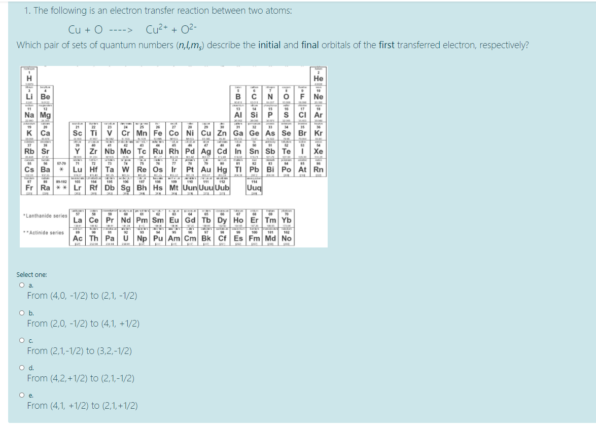 1. The following is an electron transfer reaction between two atoms:
Cu + O ---->
Cu2+ + O2-
Which pair of sets of quantum numbers (n,l,m) describe the initial and final orbitals of the first transferred electron, respectively?
H
Не
100
40
fue
6
10
Li Be
BC
F Ne
1201
20
11
mgste
12
14
13
15
16
17
18
Na Mg
AI Si
PS
CI Ar
22010
354
selm
34
Mat
36
due
de
anme
Ire
22
29
Cr Mn Fe Co Ni Cu Zn Ga Ge As Se Br Kr
19
20
21
23
24
25
26
27
28
30
31
32
33
35
к Са
Sc Ti
v
44
37
48
due
49
53
38
39
40
41
42
43
44
45
46
47
51
52
54
Rb Sr
Zr Nb Mo Tc Ru Rh Pd Ag Cd In Sn Sb Te
I Xe
12
ase
82
84
55
Cs Ba
56
57-70
71
72
73
14
75
76
77
78
79
30
81
83
85
86
Lu Hf Tal w
Re Os Ir
Pt
Au Hg TI Pb Bi Po At Rn
luss
107
108
111 112
114
87
89-102
103
104
105
106
100
110
Fr Ra ** Lr
Rf Db Sg Bh Hs Mt Uun Uuu Uub
Uuq
y
59
enum
yobun
57
61
62
63
64
65
66
67
70
*Lanthanide series
La Ce Pr Nd Pm Sm Eu Gd Tb Dy Ho Er Tm Yb
1401
tea
91
94
100 te1
**Actinide series
90
92
93
95
97
102
Ac Th Pa ü
Np Pu Am Cm Bk Cf Es Fm Md No
Select one:
Oa.
From (4,0, -1/2) to (2,1, -1/2)
Ob.
From (2,0, -1/2) to (4,1, +1/2)
Oc.
From (2,1,-1/2) to (3,2,-1/2)
od.
From (4,2,+1/2) to (2,1,-1/2)
O .
From (4,1, +1/2) to (2,1,+1/2)
