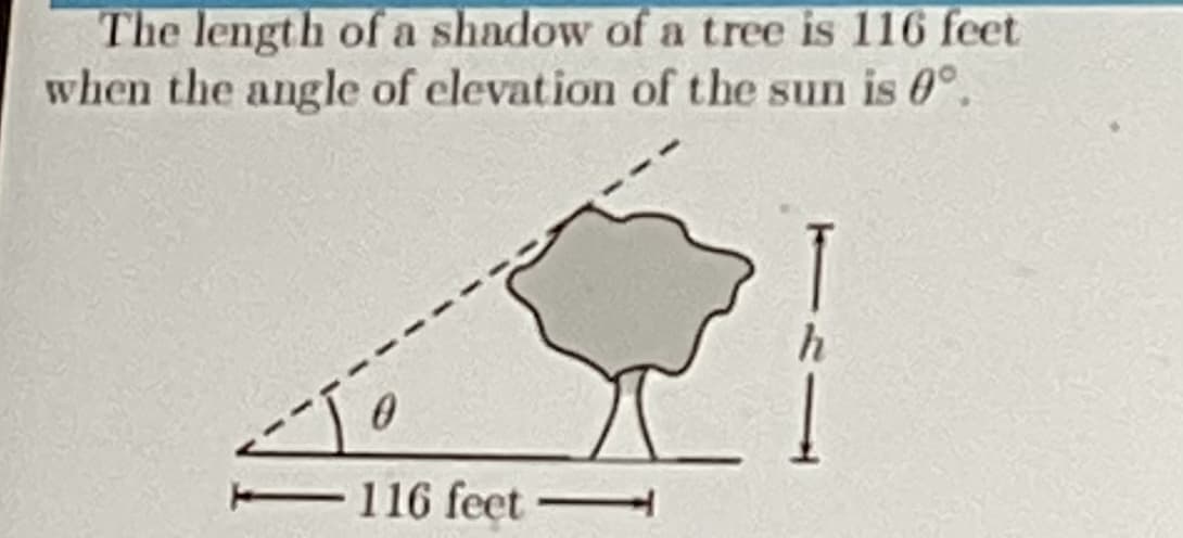 The length of a shadow of a tree is 116 feet
when the angle of elevation of the sun is 0°.
0
116 feet-
h
1