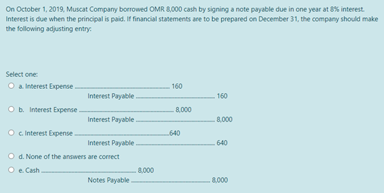 On October 1, 2019, Muscat Company borrowed OMR 8,000 cash by signing a note payable due in one year at 8% interest.
Interest is due when the principal is paid. If financial statements are to be prepared on December 31, the company should make
the following adjusting entry:
Select one:
O a. Interest Expense
160
Interest Payable
160
O b. Interest Expense .
8,000
Interest Payable
8,000
O c. Interest Expense.
.640
Interest Payable
640
O d. None of the answers are correct
O e. Cash
8,000
Notes Payable
8,000
