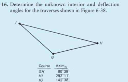 16. Determine the unknown interior and deflection
angles for the traverses shown in Figure 6-38.
G
Course Azim
GH
HI
IG
80°39'
292°11'
142°38'
H