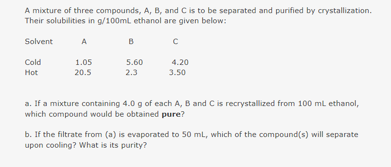 A mixture of three compounds, A, B, and C is to be separated and purified by crystallization.
Their solubilities in g/100ml ethanol are given below:
Solvent
A
B
Cold
1.05
5.60
4.20
Hot
20.5
2.3
3.50
a. If a mixture containing 4.0 g of each A, B and C is recrystallized from 100 mL ethanol,
which compound would be obtained pure?
b. If the filtrate from (a) is evaporated to 50 mL, which of the compound(s) will separate
upon cooling? What is its purity?
