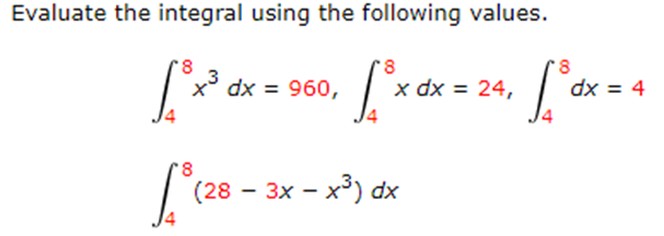 Evaluate the integral using the following values.
x° dx = 960,
x dx = 24,
dx = 4
8.
(28 - 3x - x³) dx
