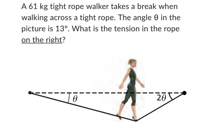 A 61 kg tight rope walker takes a break when
walking across a tight rope. The angle 0 in the
picture is 13°. What is the tension in the rope
on the right?
I
I
0
20