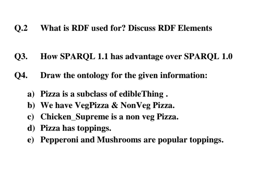 Q.2
What is RDF used for? Discuss RDF Elements
Q3.
How SPARQL 1.1 has advantage over SPARQL 1.0
Q4.
Draw the ontology for the given information:
a) Pizza is a subclass of edibleThing .
b) We have VegPizza & NonVeg Pizza.
c) Chicken_Supreme is a non veg Pizza.
d) Pizza has toppings.
e) Pepperoni and Mushrooms are popular toppings.
