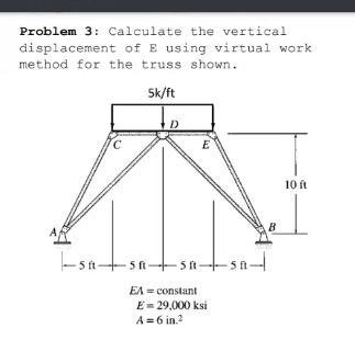 Problem 3: Calculate the vertical
displacement of E using virtual work
method for the truss shown.
5k/ft
-sa-
5 ft
E
-sa-sa-
5 ft
EA = constant
E = 29,000 ksi
A = 6 in 2
B
10 ft